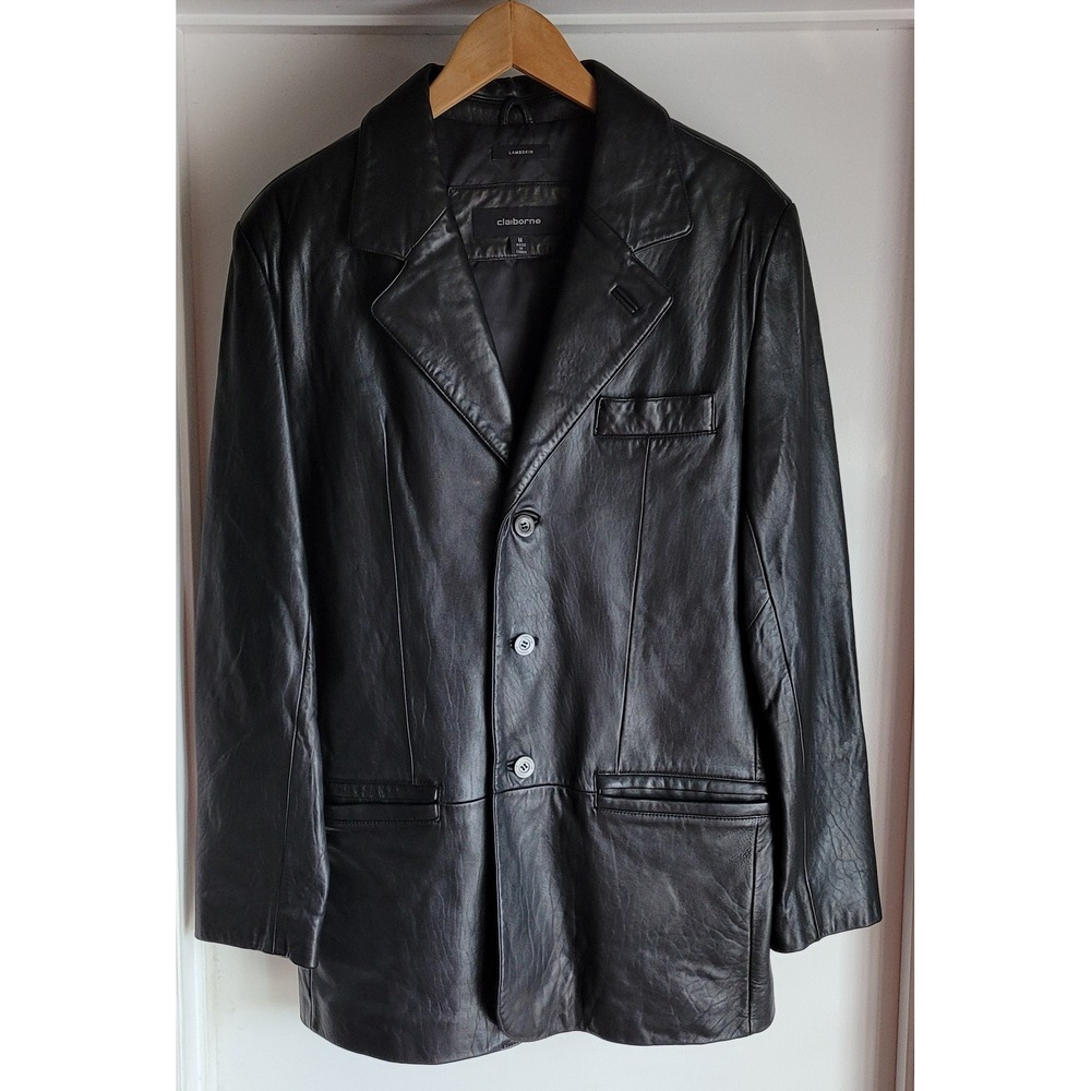 Vintage Claiborne Men's M Black Lambskin‎ Leather Blazer Jacket Super Soft